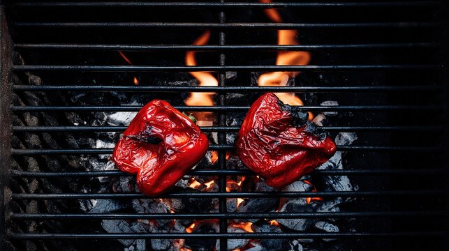 Grilled red bell peppers over open flame on charcoal grill