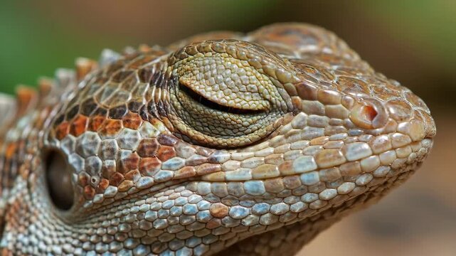 Closeup of a lizards head with intricate scales and a striking orange eye showcasing its unique reptilian features.