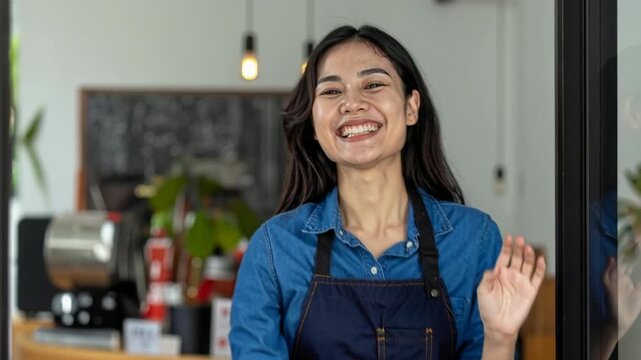 Smiling woman owner standing at doorway, inviting people into her coffee shop.