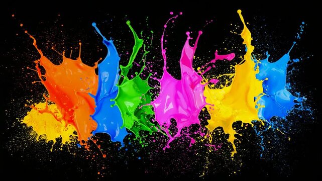 Colorful paint splashes exploding against a black backdrop creating an abstract artistic design with vibrant fluid motion