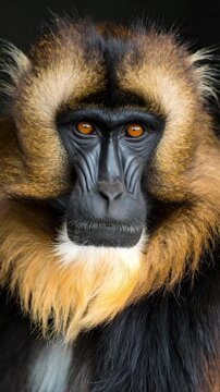 Detailed face of an adult monkey with orange eyes and colorful fur in a vertical close-up shot.