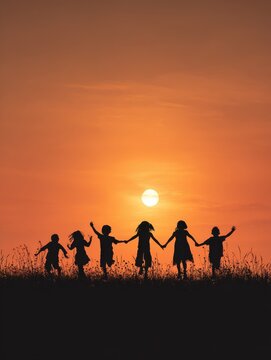 silhouette group of happy children playing on meadow sunset summertime no logos no brands ar 34