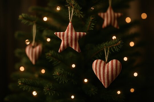 Handmade striped fabric ornaments shaped like stars and hearts hang on a Christmas tree with warm lights. This image conveys the concept of rustic holiday decor and cozy festive atmosphere - Powered by Adobe