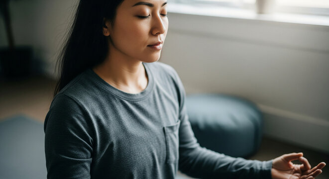Young Asian woman practicing mindfulness meditation at home, finding inner peace and tranquility through deep breathing and yoga exercises for mental wellness