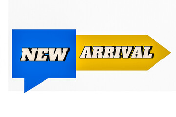 New Arrival Marketing Graphic: Blue Speech Bubble and Yellow Arrow Banner for Products, Collections, and Sales Promotion
