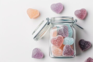 A glass jar filled with various colorful gummy hearts sits on a white surface. Additional gummy hearts lie scattered around the jar, creating a cheerful candy display