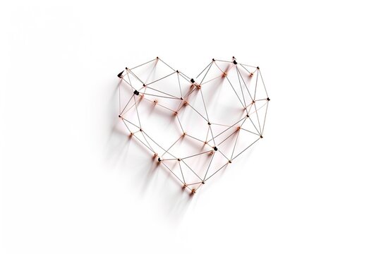 This artistic design features a geometric heart crafted from string and small pins, set against a clean white background. The unique appearance adds a modern touch to any decor