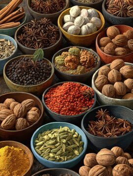 juneteenth flavor fest sale abundant assortment of vibrant spices in bowls on display featuring anise stars  nuts in a warm bright photorealistic style 2026