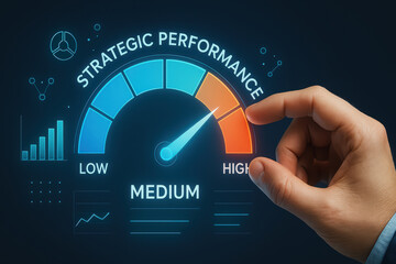 Strategic performance gauge showing medium to high level with hand adjusting dial, business growth concept with digital interface and data visualization elements