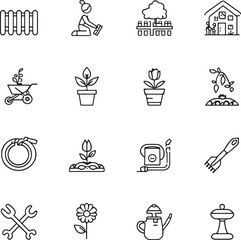 Grow plants icons set. Outline planting flowers and seeds, watering can and fertilizers. Spring, agriculture and gardening concept.
