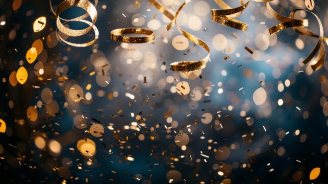 Falling gold confetti and streamers on a festive blue background. Celebration concept with golden bokeh lights for a party or new year event