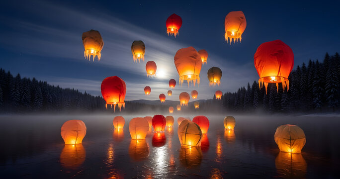 Magical night sky illuminated by numerous floating lanterns over a serene reflective water body