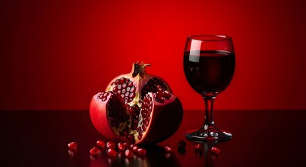 pomegranate and a glass of red wine or pomegranate juice, on red background for yalda night celebration fruit backgground