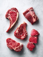 marbled beef meat steak cut set tomahawk t bone club steak rib eye and tenderloin cuts on white stone background top view flat lay no logos no brands ar 34