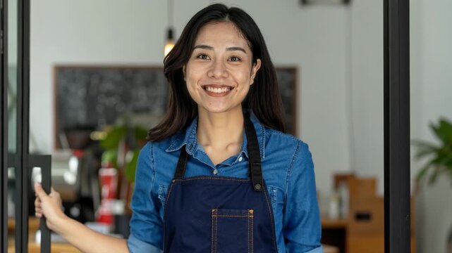 Confident young asian woman barista arms crossed standing at coffee shop entrance.