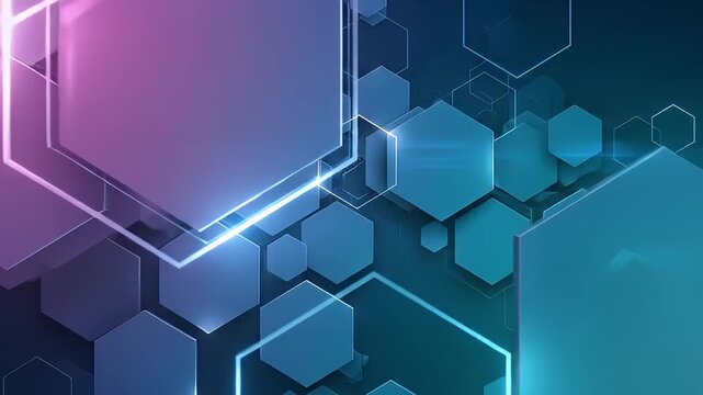 A visually stunning abstract background showcases a dynamic network of interconnected hexagonal shapes, elegantly animated with glowing edges and vibrant light beams. The seamless motion creates a fut