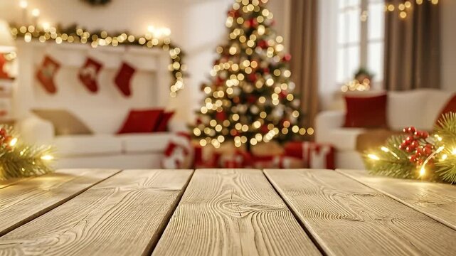 A warm and inviting holiday scene is presented with a rustic wooden table in sharp focus, providing an ideal empty surface for product display, text overlay, or promotional content. The beautifully bl