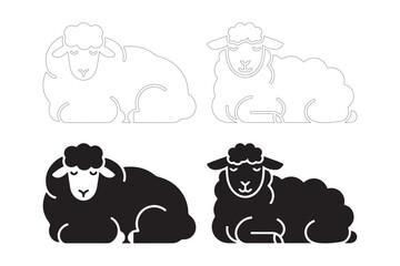 Four stylized sheep illustrations in black and white