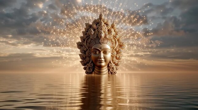 Golden Surya God Statue Emerging from Water with Divine Sunburst	