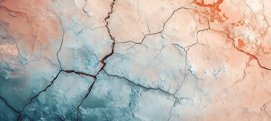 Fototapeta premium Abstract cracked surface with blue and peach tones creating a textured and weathered appearance pattern