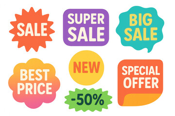 Bright colorful sale labels with bold text including sale, super sale, big sale, best price, special offer, new, and discount icons, isolated on transparent background for marketing and promo designs
