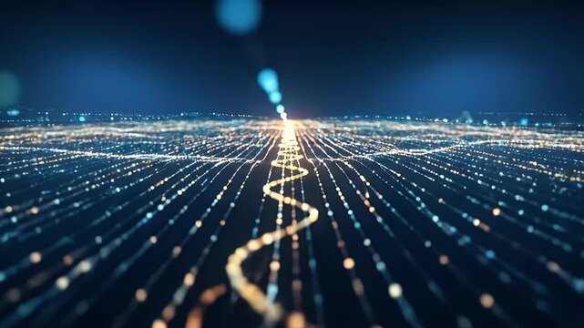 An abstract, futuristic animation features countless glowing particles forming intricate data streams across a dark digital landscape. A prominent, undulating wavy line pulsates and moves forward, rep