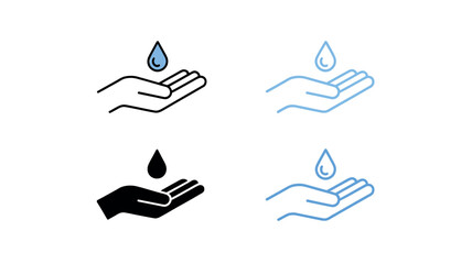 Four illustrative icons depict a hand receiving a water droplet, symbolizing hygiene and cleanliness in different styles.