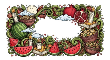 yalda frame yalda night celebration border illustration isolated on white watermelon pomegranate nuts candles