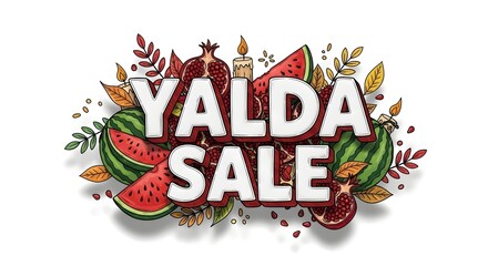 Yalda Sale text on a fruity label illustration, water melon and pomegranate fruits, isolated on white, yalda night