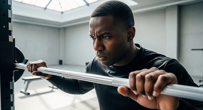 Intense African American athlete gripping a barbell before a heavy squat, showcasing strength and determination in the gym
