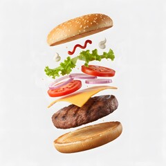 Deconstructed Burger on White Background A Culinary Abstraction