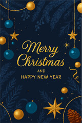 Merry Christmas holiday greeting card with gold decoration balls, snowflake ornaments, and a festive winter illustration