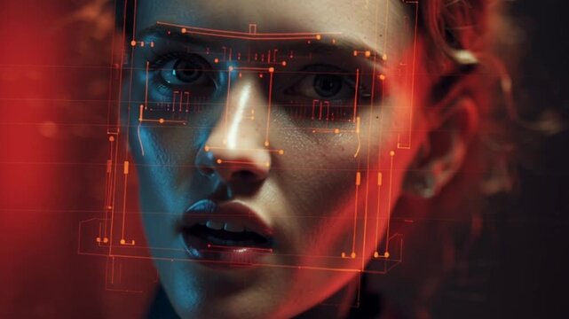 Futuristic Facial Recognition Biometric AI System with Holographic Cyberpunk Interface, Scanning Identity Through Neural Network Data Analysis and Augmented Reality HUD Visualization Display Grid - Powered by Adobe