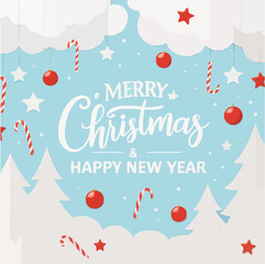 Happy New Year greeting card vector design with Christmas tree and snowflakes decoration