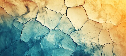 Fototapeta premium Close up of cracked dry earth surface with blue and yellow color gradient and dark lines forming patterns