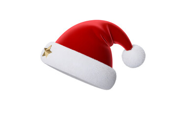 Festive santa hat with a gold star on a clean on transparent background