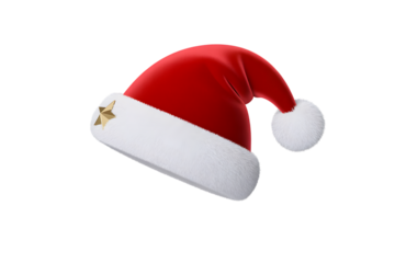 Festive santa hat with a gold star on a clean on transparent background