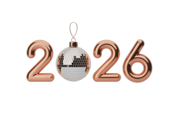 Rose gold 2026 with disco ball ornament for new year celebration on transparent background