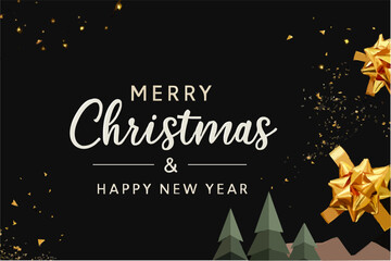 Merry Christmas and Happy New Year greeting card illustration with golden stars, snow, and text design