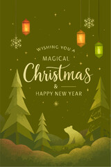 Merry Christmas holiday greeting card design vector illustration with winter snow and ornate green tree decoration