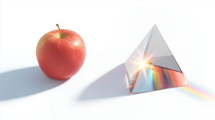 Red apple and prism creating rainbow light for Newton Day concept  