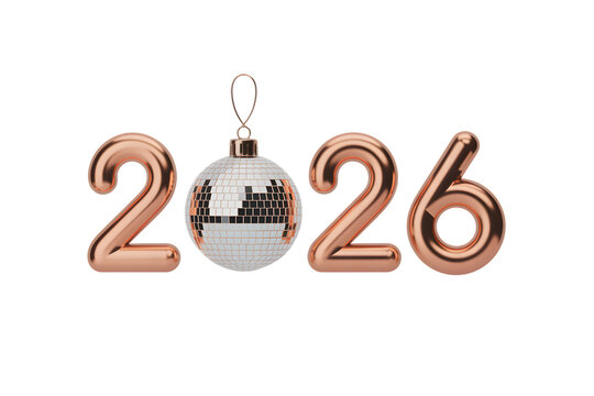 Rose gold 2026 with disco ball ornament for new year celebration on transparent background
