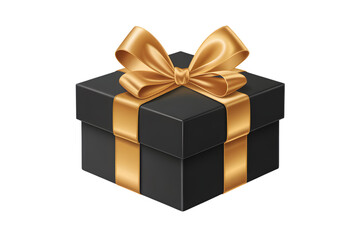 Fototapeta premium Elegant black gift box with golden ribbon and bow design on transparent background