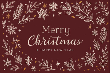 Merry Christmas holiday greeting card design with winter snow, snowflake, and decorative vector frame