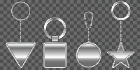 Set of blank metallic silver keychains with various geometric shapes design