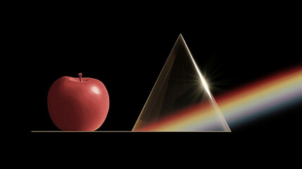 Red apple next to prism creating rainbow spectrum for Newton Day  