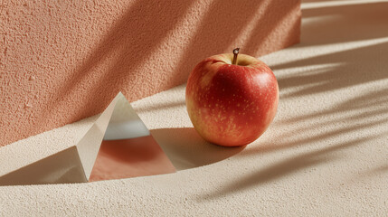 Apple beside a prism casting a shadow on textured surface for Newton Day  