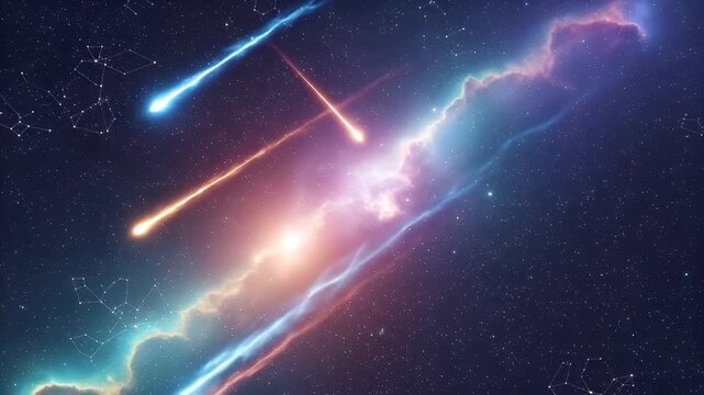 An ethereal and dynamic cosmic spectacle unfolds in deep space, featuring multiple brilliant streaks of light, reminiscent of meteors or comets, hurtling across a vibrant, star-filled backdrop. Rich n