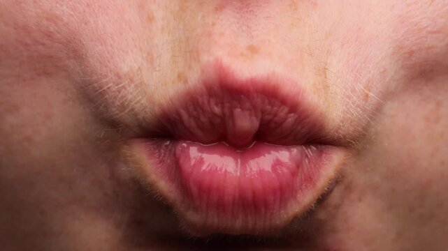 Rinsing mouth motion with closeup view of tightened lips creating a swirling cheek movement