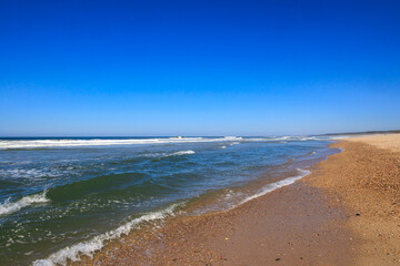 Wide sandy beach with rolling waves under deep blue sky Portugal, Ovar – Furadouro, 10.10.2025